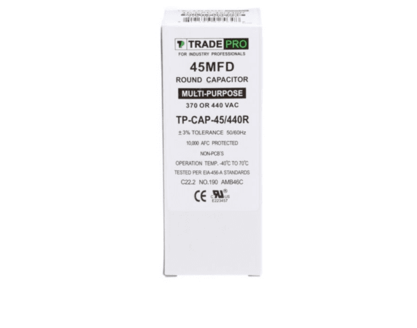 45 MFD 370 or 440 VAC Single Run Capacitor - Round