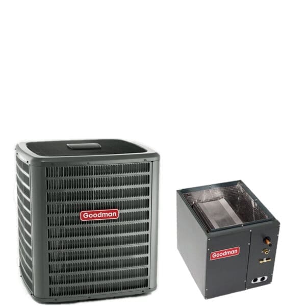 5 Ton Goodman 17.2 SEER2 R410A Two-Stage Air Conditioner Condenser with 24.5″ Wide Vertical Cased Evaporator Coil